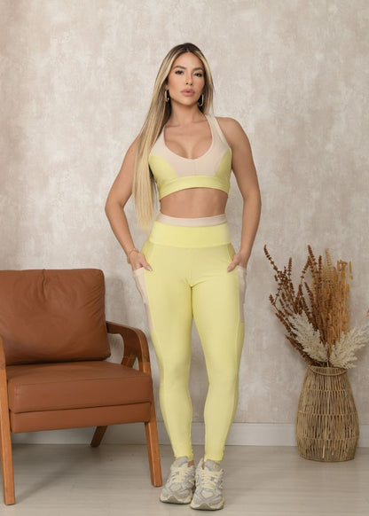 Conjunto Fitness Top Embutido Off White Legging Amarelo C/ Bolso