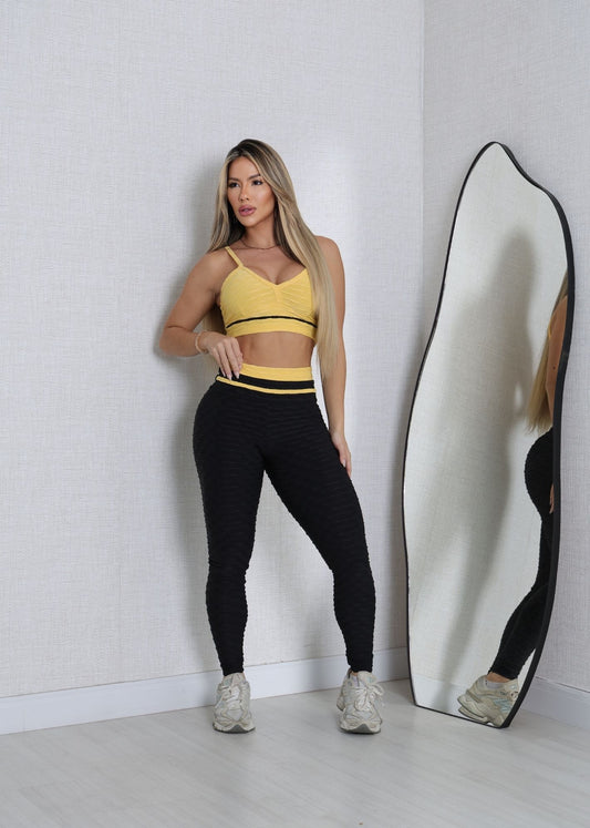 Conjunto Fitness Top Viés Amarelo Legging Filete Preta
