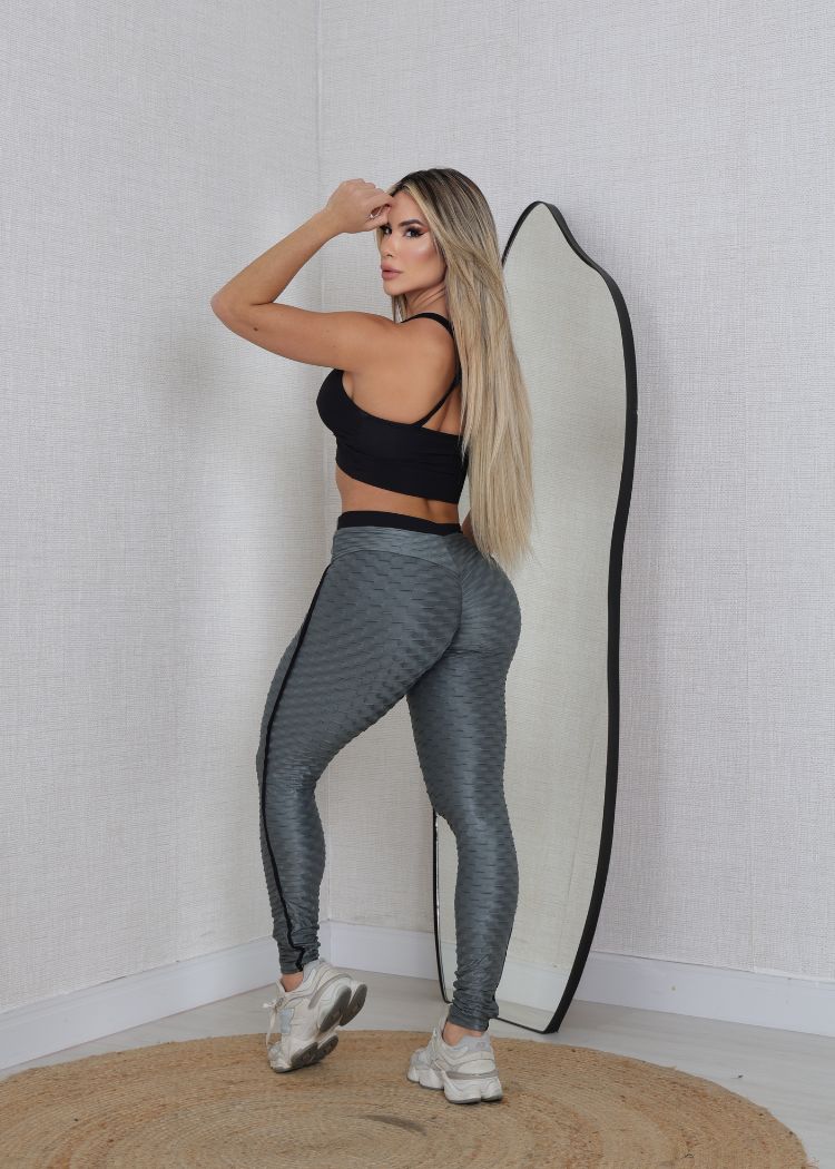 Conjunto Fitness Top e Legging Brocado Chumbo e Preto