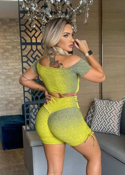 Conjunto Fitness Chapisco Amarelo e Verde com Manguinha