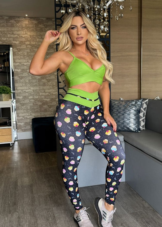 Conjunto Fitness Top Verde Neon Legging Cupcake Empina Bumbum