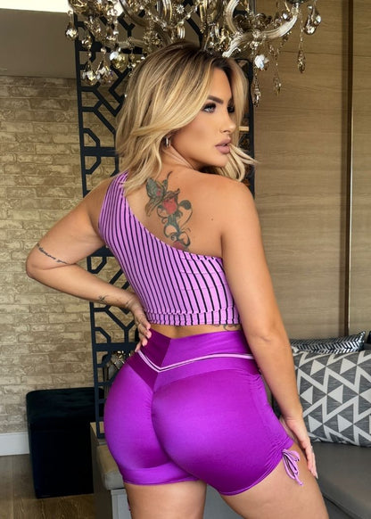 Conjunto Fitness Top Lilás Listrado com Tiras Short Roxo