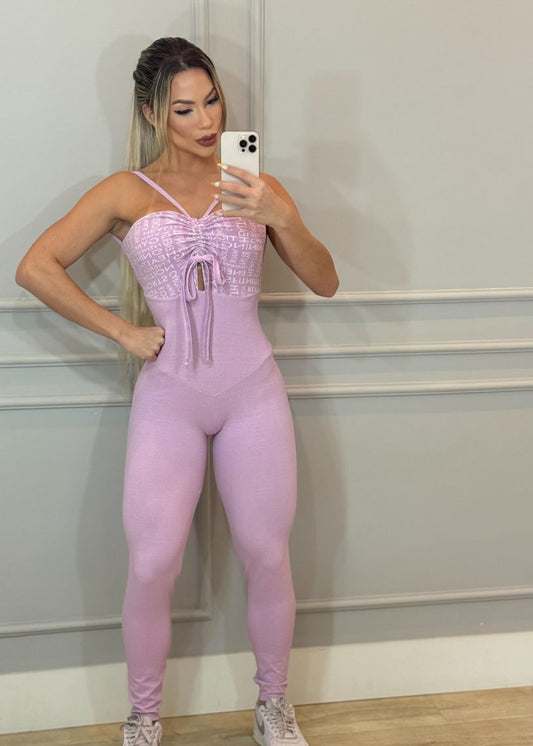Macacão Fitness Top Palavras com Laço e Legging Lilás