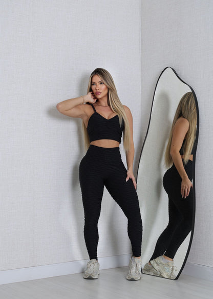 Conjunto Fitness Top e Legging Empodere Preto Brocado
