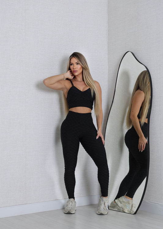 Conjunto Fitness Top e Legging Empodere Preto Brocado