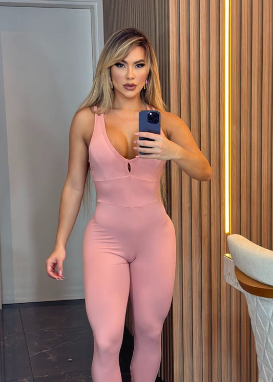 Macacão Fitness Nude Estrela com Alça Dupla