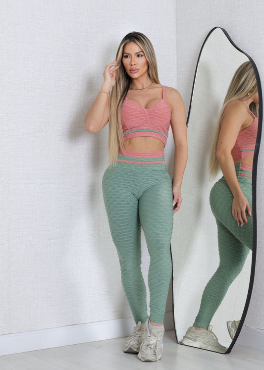 Conjunto Fitness  Top Viés Goiaba Legging Filete Verde