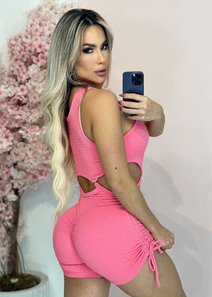 Macaquinho Fitness Goiaba Brocado Top Alça Cruzada