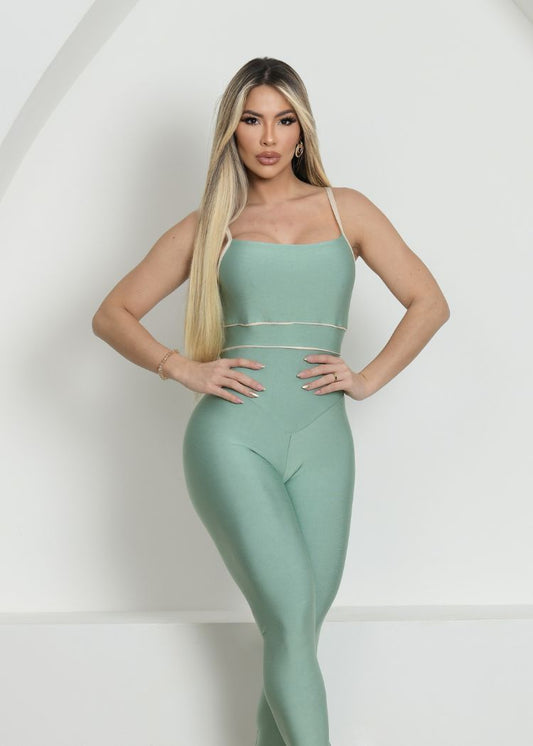 Macacão Fitness Vivi Pala Fechada Verde C/ Filete Off White