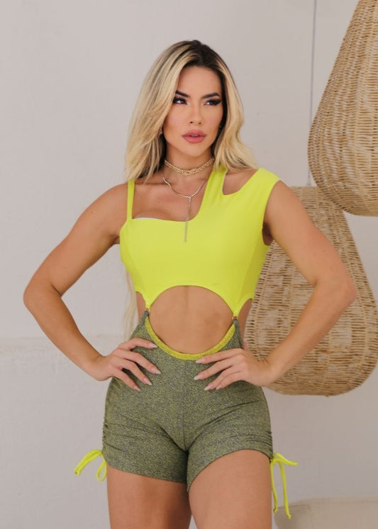 Macaquinho Fitness Amarelo e Verde Chapisco com Laço Aberto