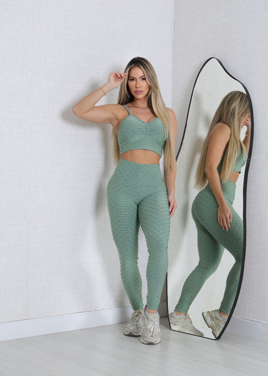 Conjunto Fitness Top e Legging Empodere Verde Brocado