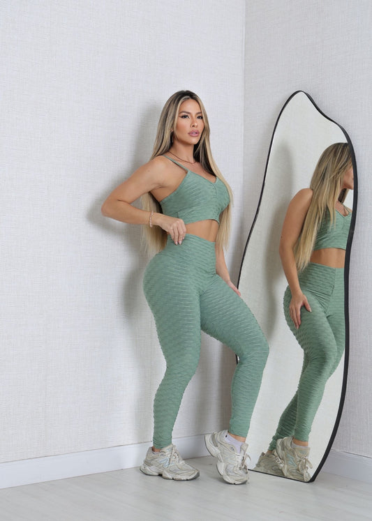 Conjunto Fitness Top e Legging Empodere Verde Brocado