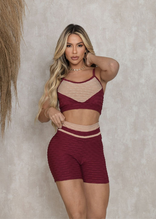 Conjunto Fitness Top Lu e Short Vinho Filete Off White C/ Regulagem