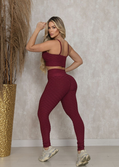 Conjunto Fitness Top e Legging Empodere Vinho Brocado