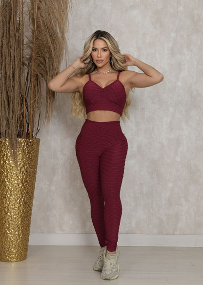 Conjunto Fitness Top e Legging Empodere Vinho Brocado