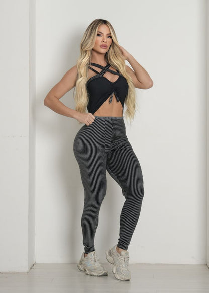 Macacão Fitness X Preto e Cinza Listras
