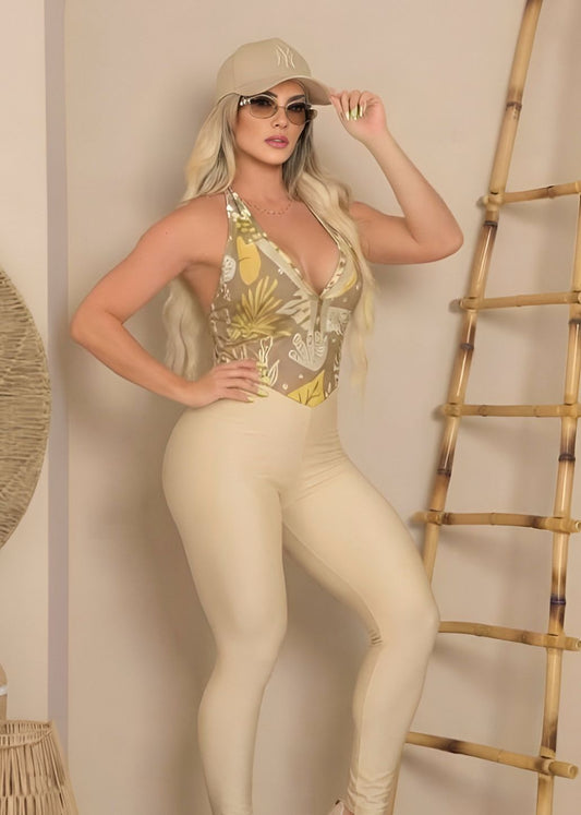 Jumpsuit with Double Padded Cups and Off-White Leaves