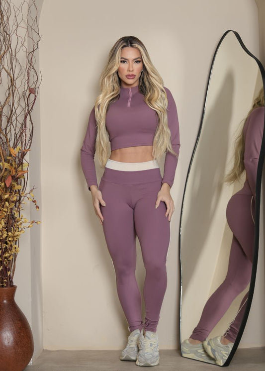 Conjunto Fitness Top Manga Longa com Zíper e Calça Legging Filete Uva Empina Bumbum