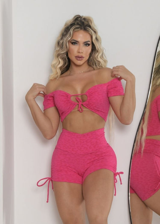 Conjunto Fitness Oncinha Pink Top Manguinha Empina Bumbum