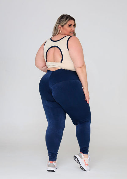 Conjunto Fitness Top Kátia Off White e Legging Azul Marinho