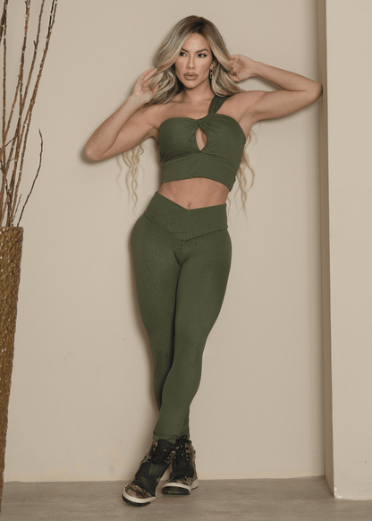 Conjunto Fitness Top Batista e Calça Legging Verde Modela Bumbum