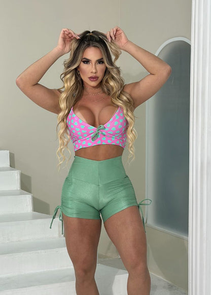 Conjunto Fitness Top Love Rosa Short Verde Água Empina Bumbum