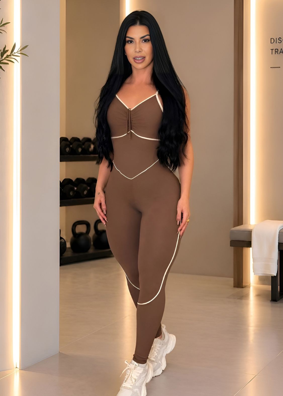 Macacão Fitness Marrom com Filete Off White