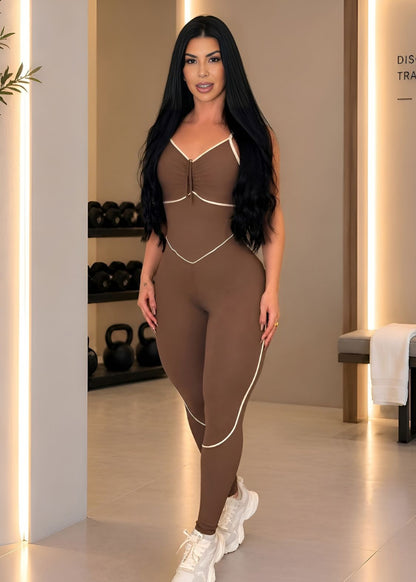 Macacão Fitness Marrom com Filete Off White