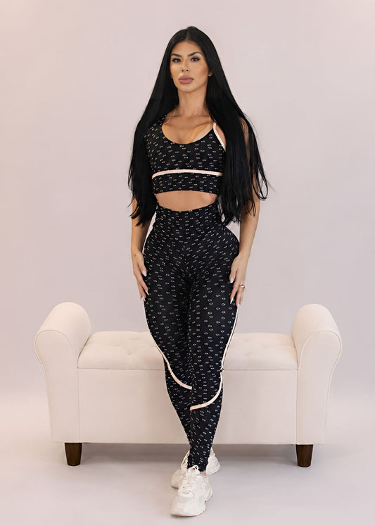 Conjunto Top Transverso e Legging Coração Preto