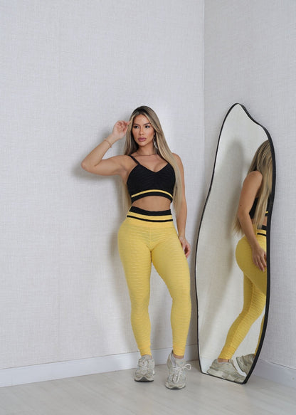Conjunto Fitness  Top Viés Preto Legging Filete Amarelo