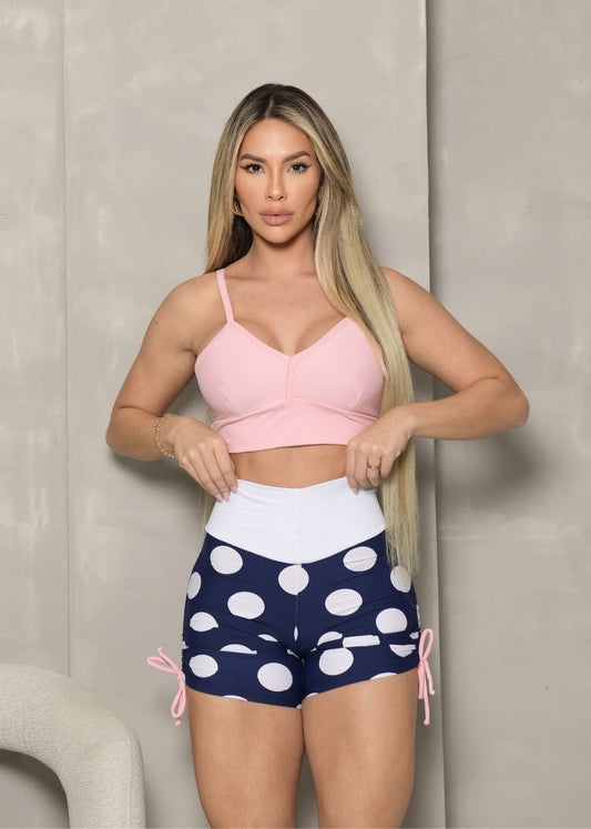 Conjunto Fitness Top VIés Rosa Short Azul Marinho Poazão