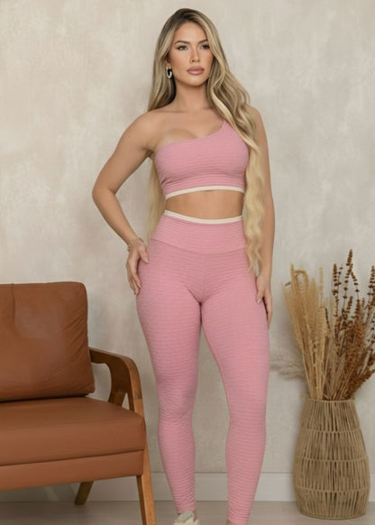Conjunto Fitness Top Vanessa Legging Filete Rosé Brocado
