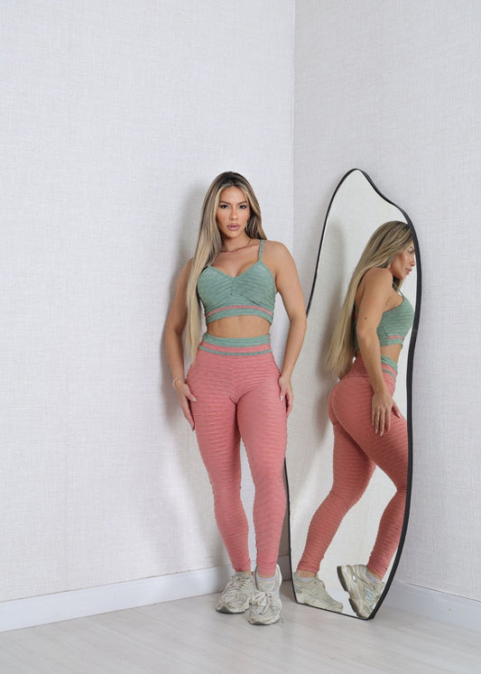 Conjunto Fitness  Top Viés Verde Legging Filete Goiaba