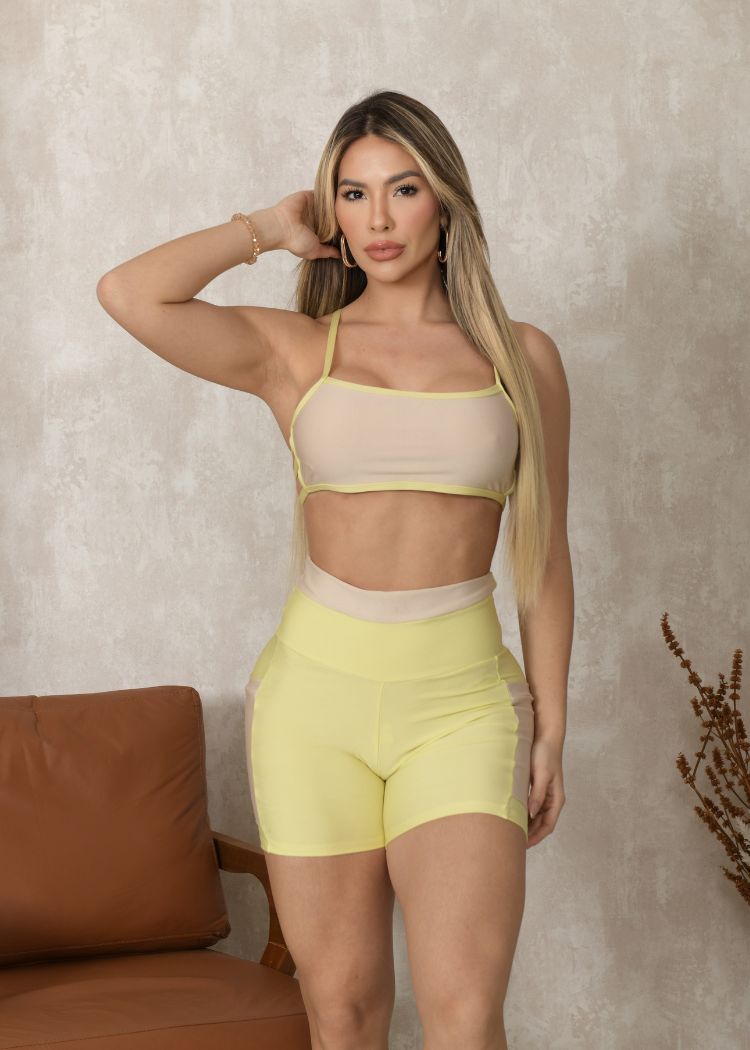 Conjunto Fitness Top Brenda Off White Short Filete Amarelo  C/ Bolso