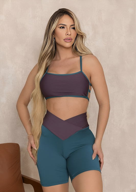 Conjunto Fitness Top Brenda Açaí Detalhe Azul Short Transverso Azul Petróleo