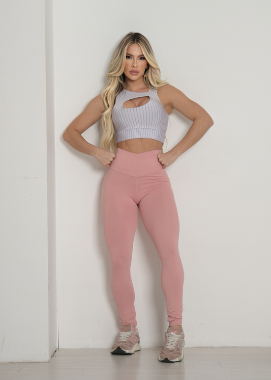 Conjunto Fitness Top Suzana Listras Nude e Legging Lisa Nude