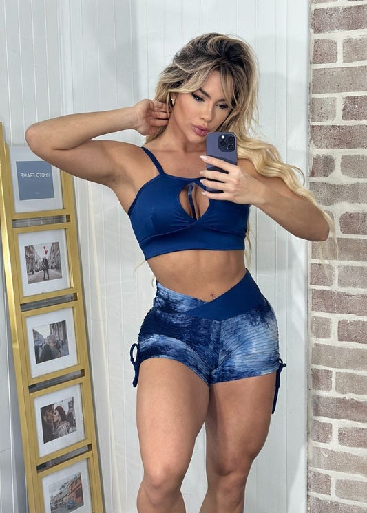 Conjunto Fitness Top Cropped Azul Short Tie Dye