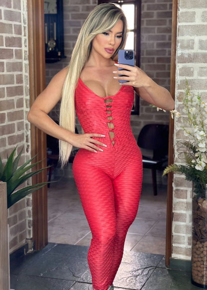 Macacão Brocado Pala Aberta Vermelho Zero Transparência