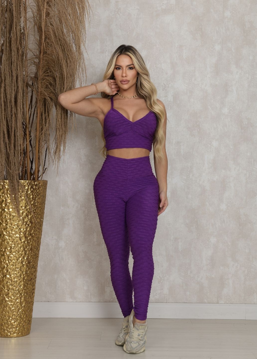 Conjunto Fitness Top e Legging Empodere Roxo Brocado