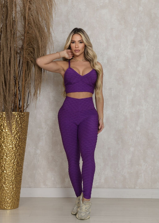 Conjunto Fitness Top e Legging Empodere Roxo Brocado