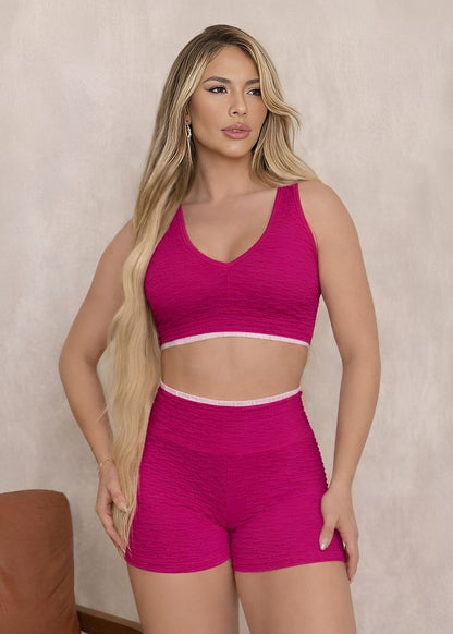 Conjunto Fitness Top Larissa Short Filete Vinho Brocado