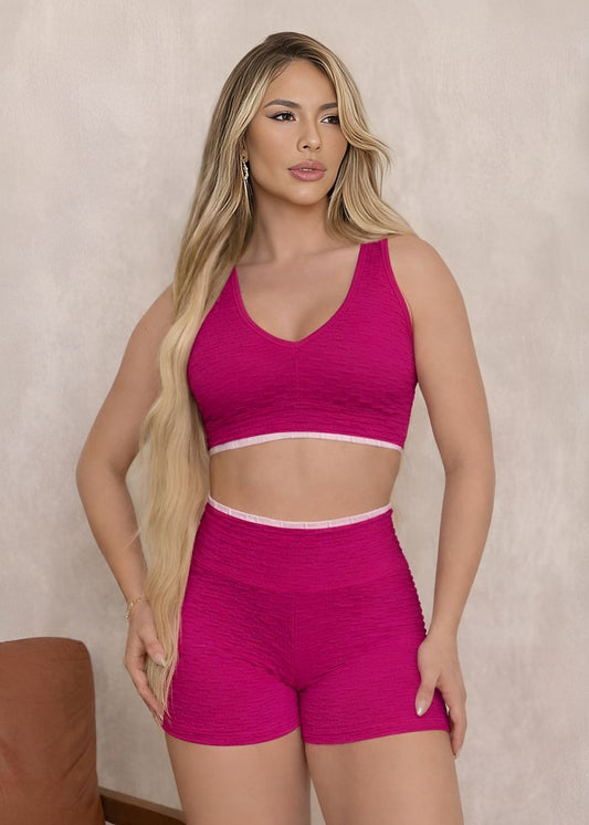 Conjunto Fitness Top Larissa Short Filete Vinho Brocado