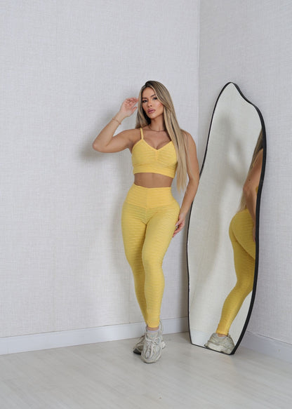 Conjunto Fitness Top e Legging Empodere Amarelo Brocado