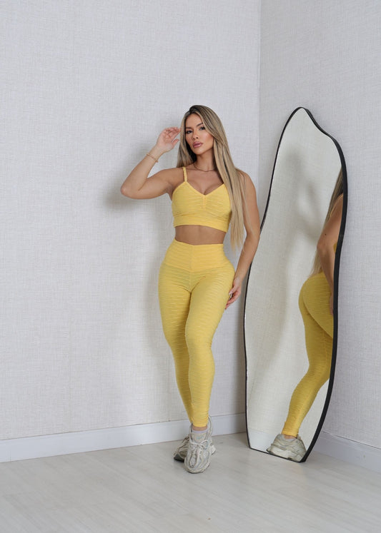Conjunto Fitness Top e Legging Empodere Amarelo Brocado