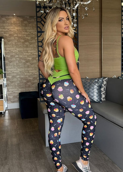 Conjunto Fitness Top Verde Neon Legging Cupcake Empina Bumbum