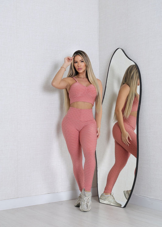 Conjunto Fitness Top e Legging Empodere Goiaba Brocado
