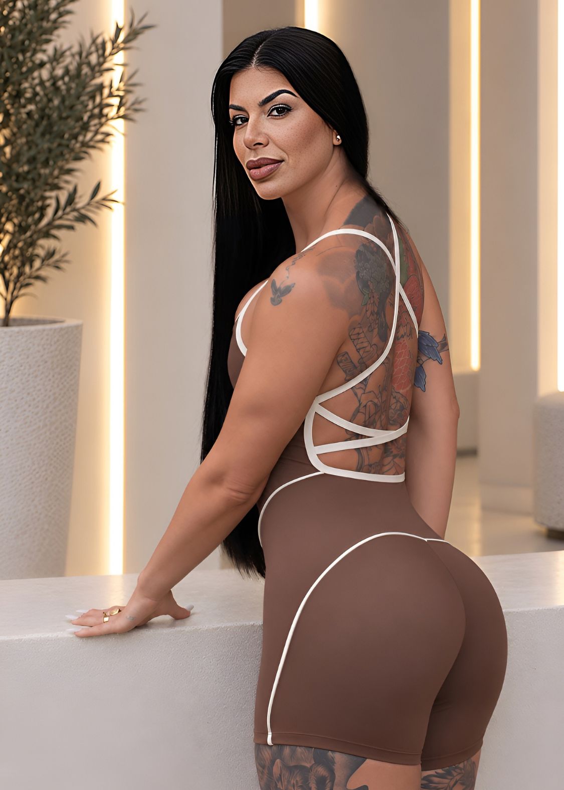 Macaquinho Fitness Marrom com Filete Off White