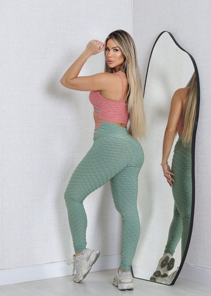 Conjunto Fitness  Top Viés Goiaba Legging Filete Verde