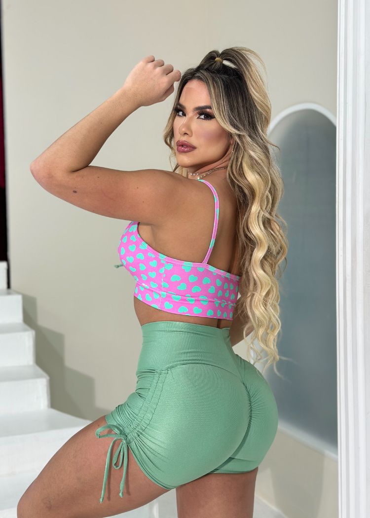 Conjunto Fitness Top Love Rosa Short Verde Água Empina Bumbum