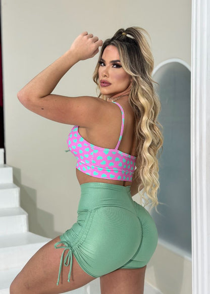 Conjunto Fitness Top Love Rosa Short Verde Água Empina Bumbum